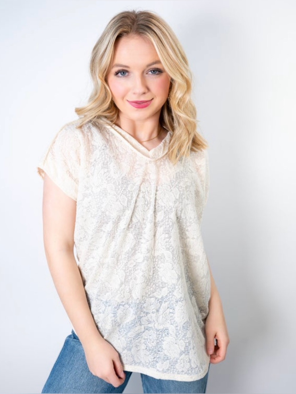 HEIMISH USA Cream Lace Short Sleeve V-Neck Top